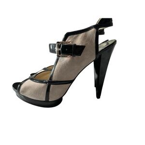 Michael Kors Platform Heels Womens 8.5 Taupe Black Suede Patent Mary Jane Sandal